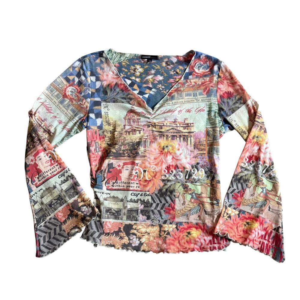 Vintage Y2K One World Retro Pin-Up Graphic Print Mesh Flare Sleeve Top M